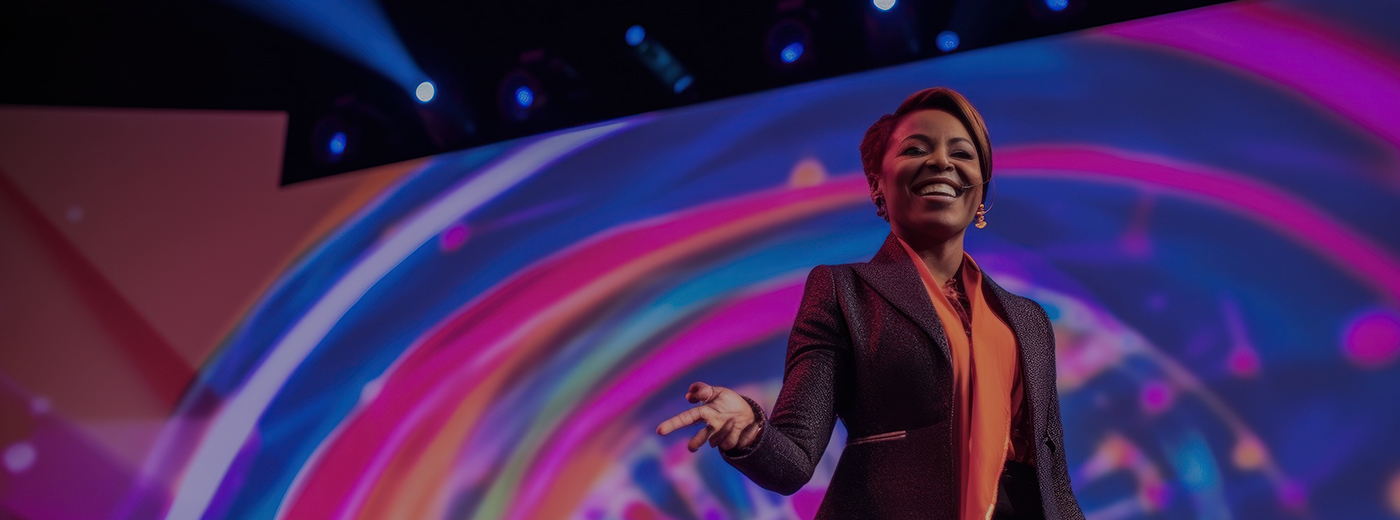 Exited african american woman motivational speaker on stage