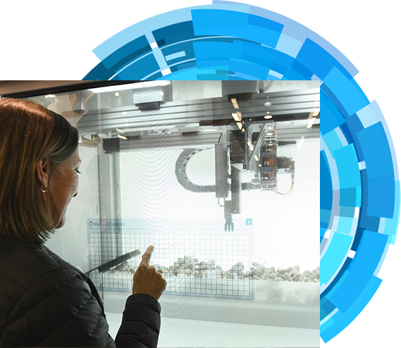Woman pointing at objects in a display