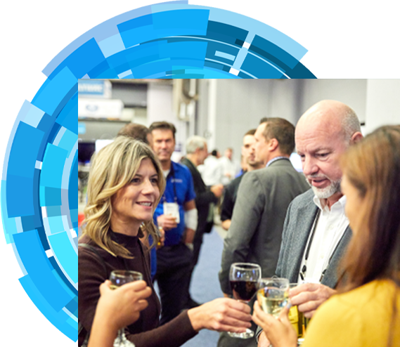 Group of people enjoying drinks on expo floor